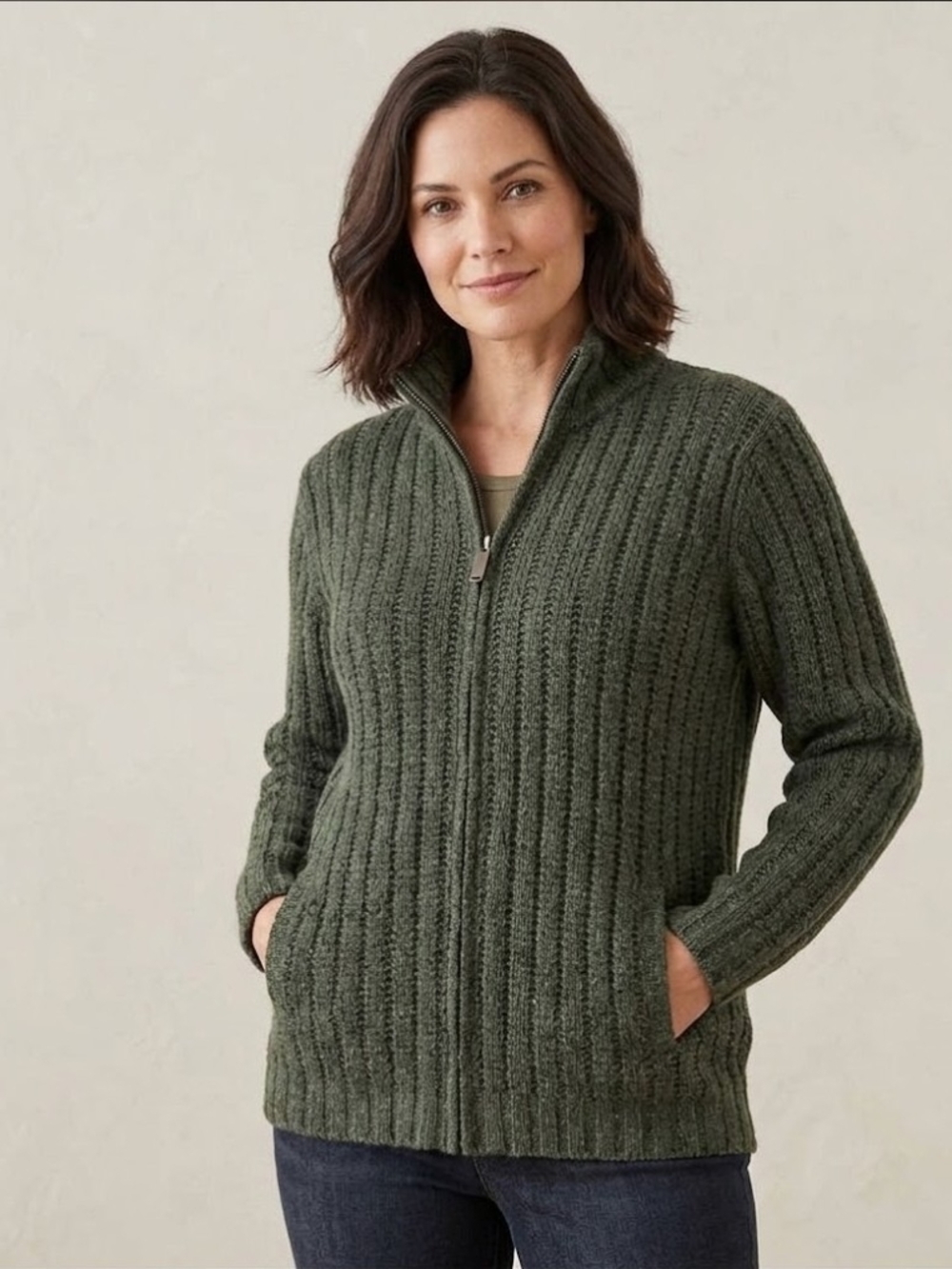 Land's End Lambswool Green Donegal Rustic Grandpa Core Ribbed Zip Front Sweater